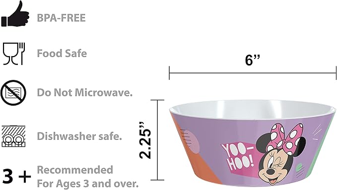 Zak Designs 5-Piece Dinnerware Set, Disney Minnie Mouse - Durable Plastic & Stainless Steel - Includes Water Bottle, 8-Inch Plate, 6-Inch Bowl, Fork & Spoon - Suitable for Kids Ages 3+