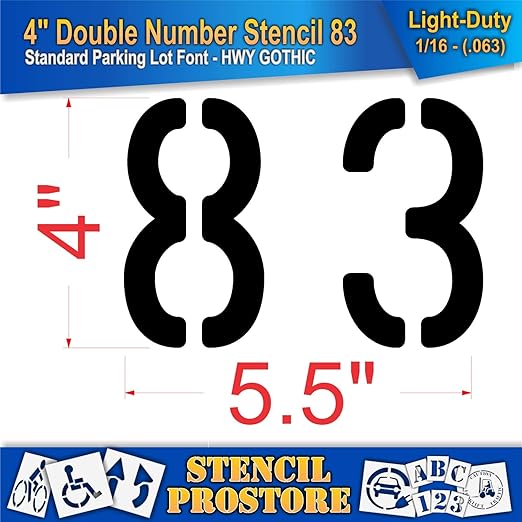 Pavement, Curb, and WheelStop Stencils - 4 inch Double Number Stencil - (83) - 4" x 5.5" x 1/16" (63 mil) - Light-Duty