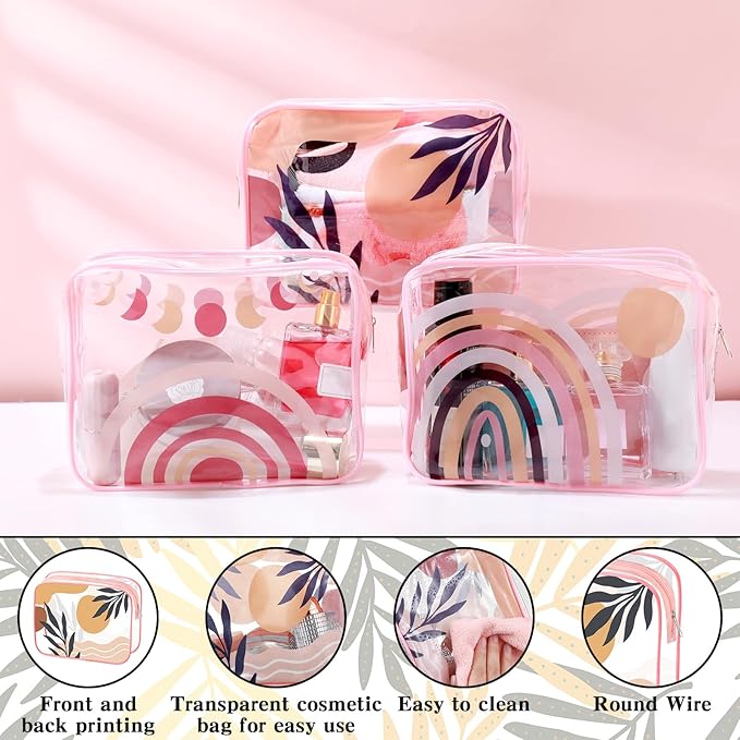 Cunno 6 Pcs Makeup Bags Gifts for Women Preppy Boho Smile Face Flamingo Clear Makeup Bags Cosmetic Transparent PVC Travel Toiletry Organizer for Birthday Party Favor(Boho Style)