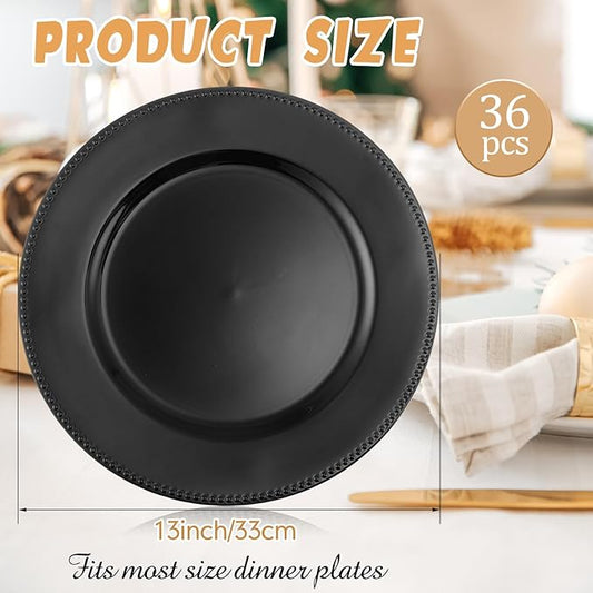 Jinei 36 Pack Black Charger Plates 13 Inch Plastic Beaded Round Charger Plates Wedding Table Decoration Reusable Dinner Plate Tray for Birthday Party Holiday Event