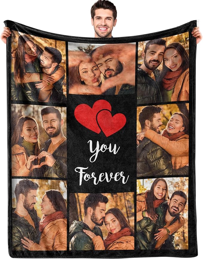 Ships Next Day Custom Blanket with Picture Text Personalized Throw Blanket Photo Collage Blankets Customized Valentines Day Gifts for Couple Girlfriend Boyfriend Her Him Wife Husband
