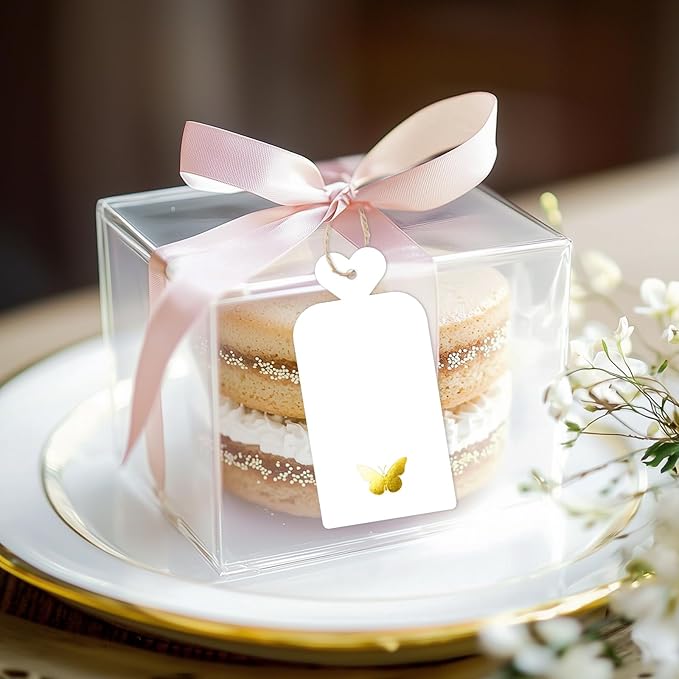 joycraft 100Pcs Gift Tags with String, 4x2 in Blank Tags with Gold Foil Butterfly, White Paper Labels for Birthday, Wedding, Baby Shower, Valentine’ s Day, Christmas