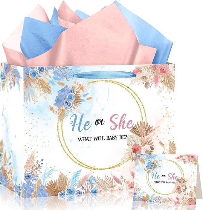 Gender Reveal Gift Bag Blue Pink Boy or Girl Paper Bag with Wrapping Paper Card What Will Baby Be Party Decoration Boho Flower Treat Candy Bag for Baby Shower Gender Reveal Birthday Party Supplies