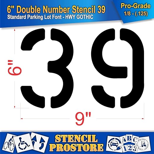 Pavement, Curb, and WheelStop Stencils - 6 inch Double Number Stencil - (39) - 6" x 9" x 1/8" (128 mil) - Pro-Grade