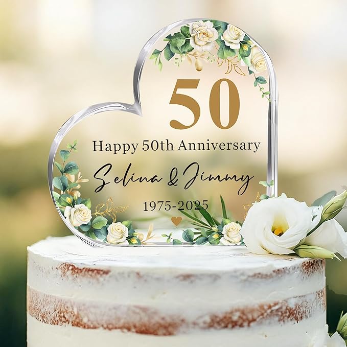 Personalized Wedding Anniversary Cake Topper, Acrylic Heart Wedding Cake Topper Decorations Gifts for Couple, Happy Anniversary Cake Toppers for 50th 25th 60th 40th