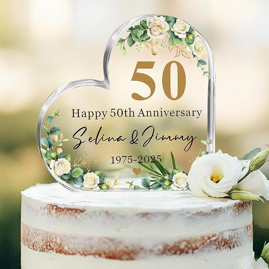 Personalized Wedding Anniversary Cake Topper, Acrylic Heart Wedding Cake Topper Decorations Gifts for Couple, Happy Anniversary Cake Toppers for 50th 25th 60th 40th