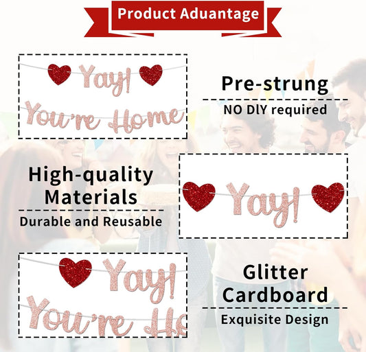 Rose Gold Glitter Welcome Home Banner, Yay! You're Home Banner for Welcome Back, Housewarming & Military Return Party Decorations & Decor, No DIY.