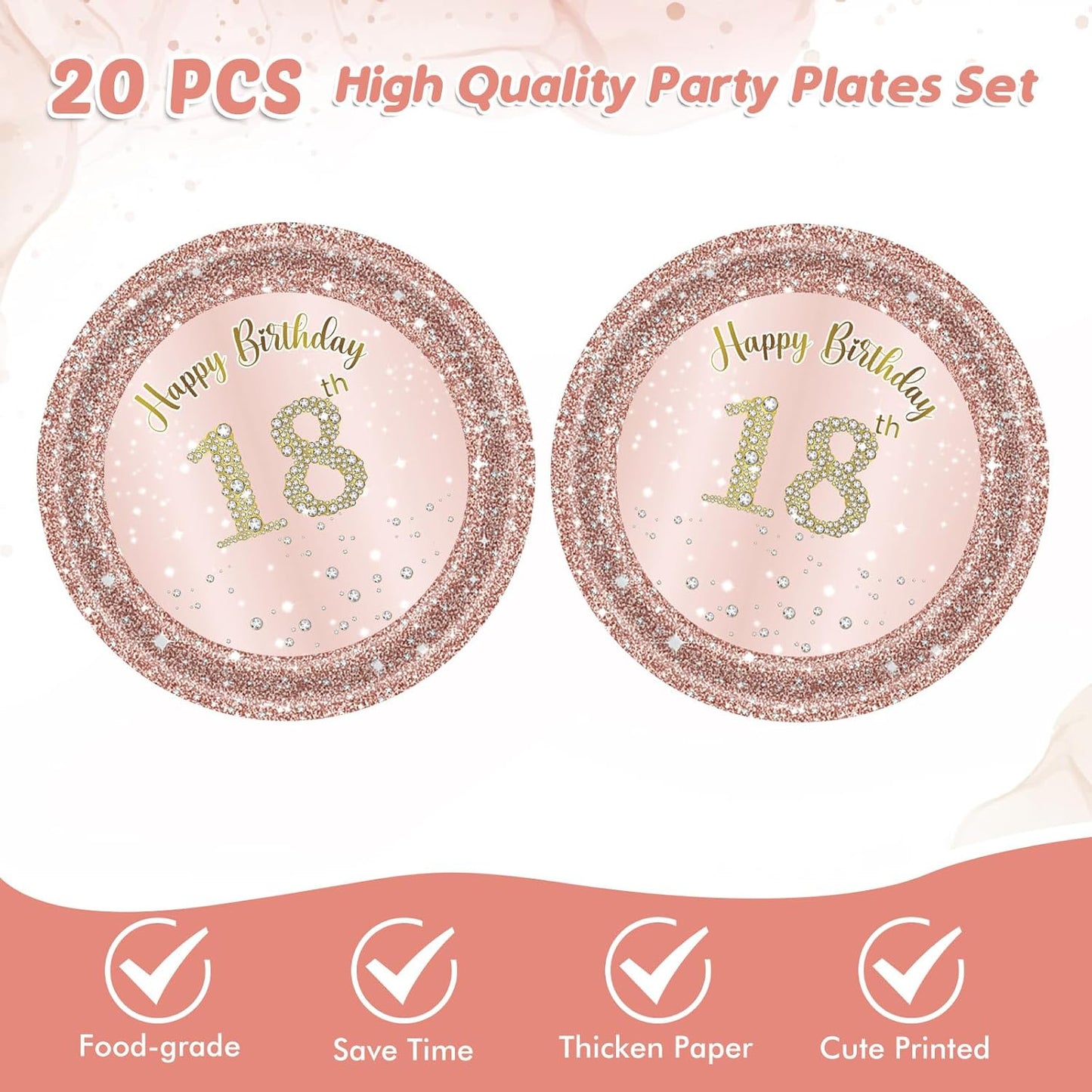 18th Birthday Party Decorations for Girls Pink Rose Gold Theme Birth Supplies Include 20 Plates 20 Napkins Sweet Eighteen Years Old Birthday Party Tableware for Girls Kids Children