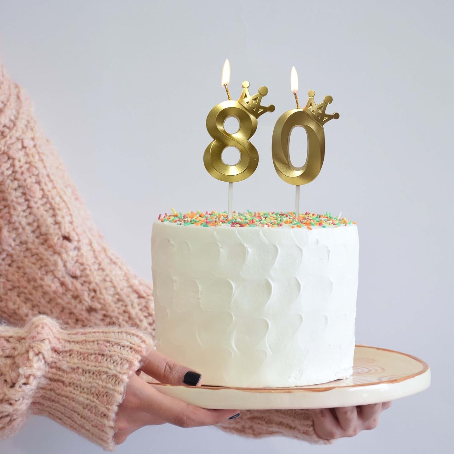 The Number 80 Gold Birthday Candles for Cake is Beautiful Number Candles for 80th Birthday Decorations for Man and Women(Gold-80, Crown)