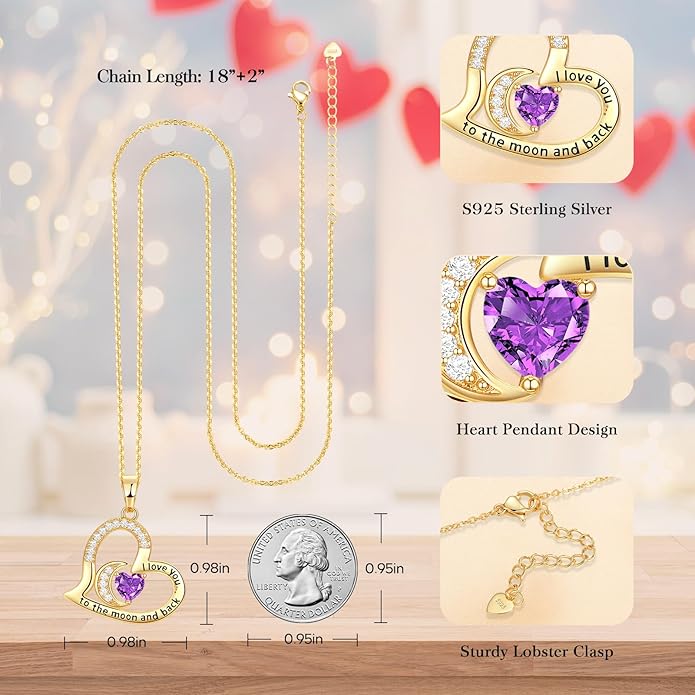 Anniversary Necklace for Women Birthstone Jewelry for Wife Gifts for Her Wife Birthday Gift Ideas Anniversary for Girlfriend I love you to the moon and back Necklaces Filled 925 Sterling Sliver