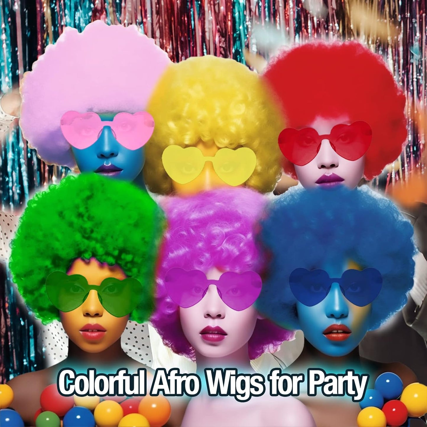 Short Bob Colors Wigs with Bangs, 6Pcs Cosplay Wig with Heart Sunglasses for Halloween Bachelor Party Decorations