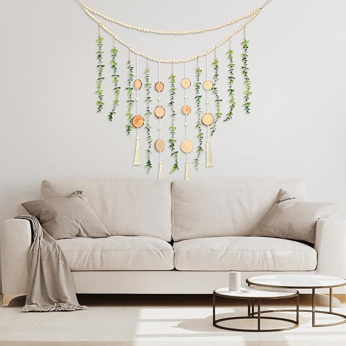 Jetec Hanging Eucalyptus Boho Wall Decor 36 x 36 Inch Boho Wall Hanging Wooden Bead Garland Artificial Greenery Leaves Stems Eucalyptus Garland for Bedroom Living Room Greenery Decoration