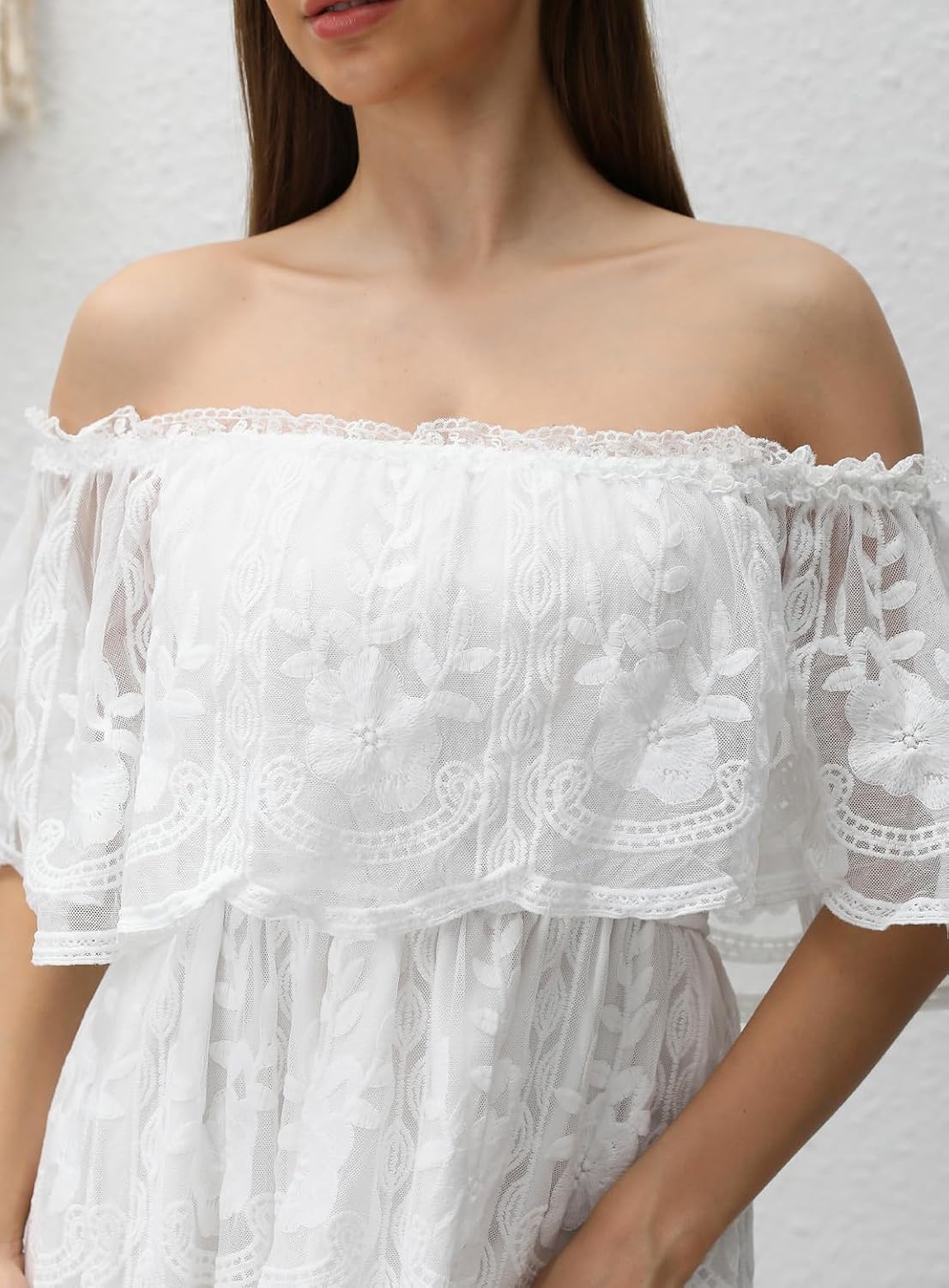 HOYISHION Women's Off The Shoulder Floral Lace Maxi Dress White Bridesmaid Wedding Party Maternity Photoshoot Long Dresses