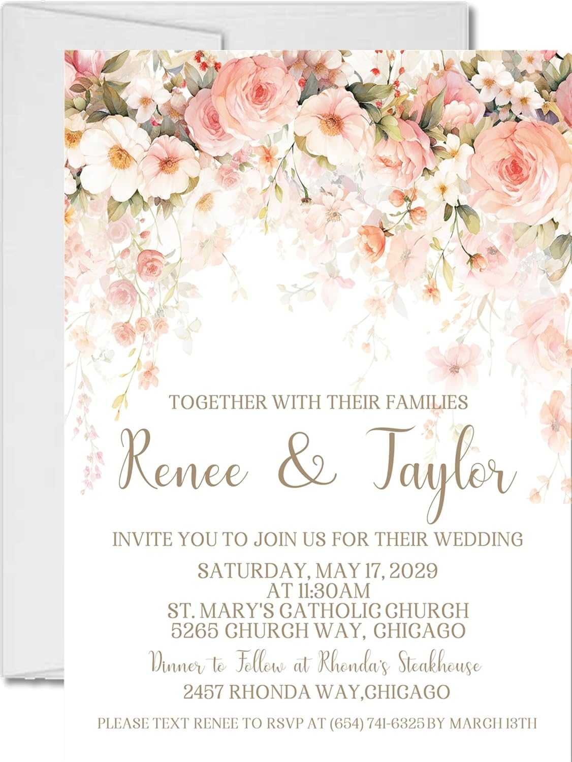 Peach & Blush Wildflower Wedding Invitations, Pastel Garden, Personalized, Set of 12 Invitations with Envelopes