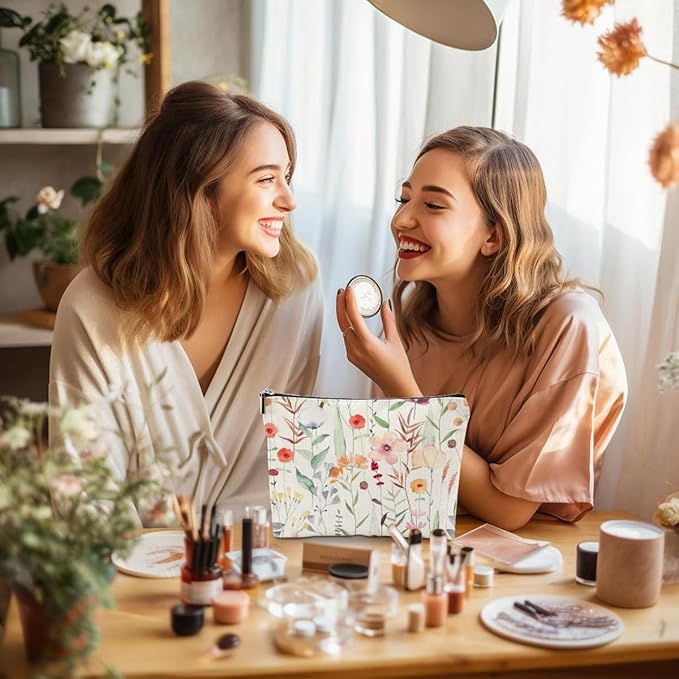 4 Pcs Watercolor Wildflower Makeup Bag, Botanical Cosmetic Bags Plant Lover Friendship Gifts for Women Sister Bestie Mom Friend Thanksgiving Christmas Birthday Gifts Travel Toiletry Bag Accessories