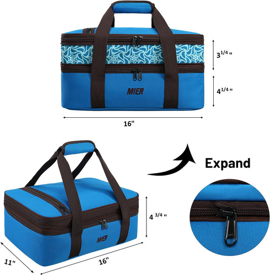 MIER Insulated Double Casserole Carrier Bag Thermal Lunch Tote for Lasagna Lugger, Potluck Parties, Picnic, Beach, Fits 9 x 13 Inches Baking Dish, Casserole Dish, Expandable by Mid Zipper, Blue