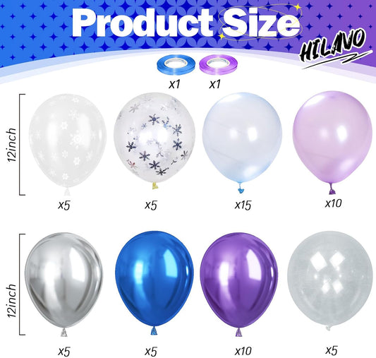 Snowflake Balloons Set – 60 Pcs 12 Inch Pastel Blue Purple Silver Confetti Latex Balloons for Winter & Ice Party