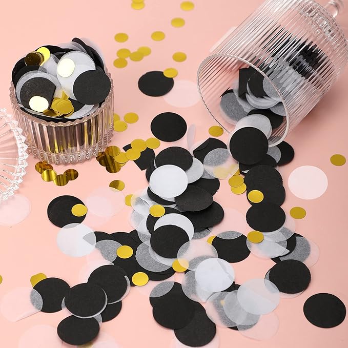 TecUnite Black White Gold Confetti Round Tissue Paper Table Confetti Dots for Wedding Birthday Party Decoration Arts Craft DIY Scrapbooking, 1.76 oz (2.5 cm)