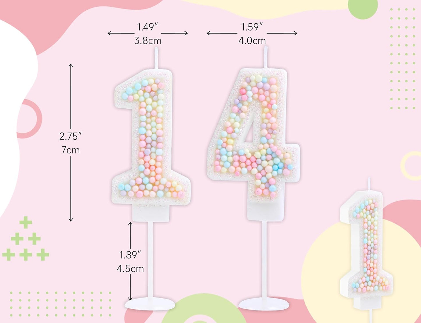 14th Birthday Candle Macaron Glitter 3D Pastel Number 14 Candles for Birthday Cakes Girl Women Sweet Theme Birthday Wedding Anniversary Party Cake Decoration