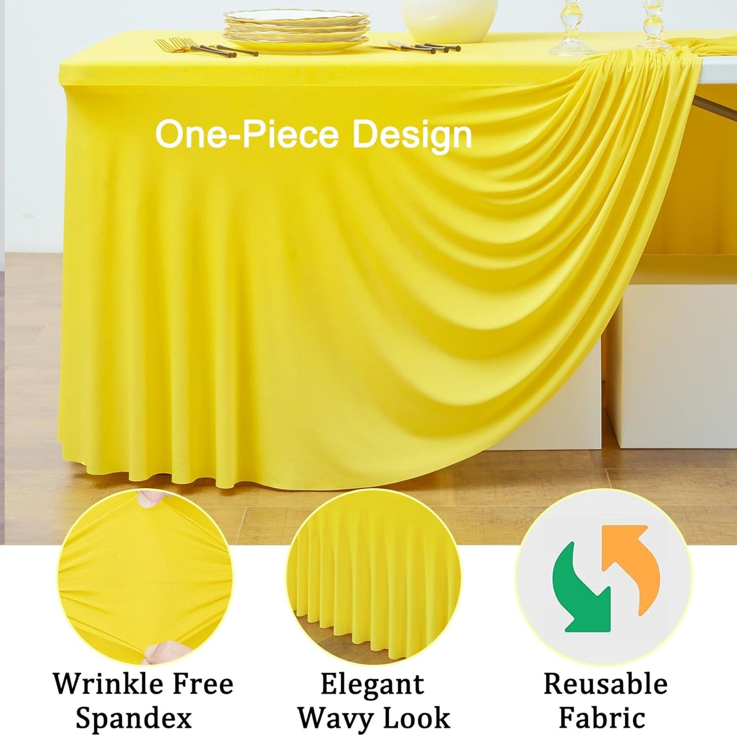 3 Pack Yellow Spandex Tablecloth for 8 Foot Rectangle Tables, Wrinkle Free Fitted Table Cloth Cover 8ft Yellow Stretchy Tablecloths with Skirt for Parties Weddings Birthday Banquet Baby Shower