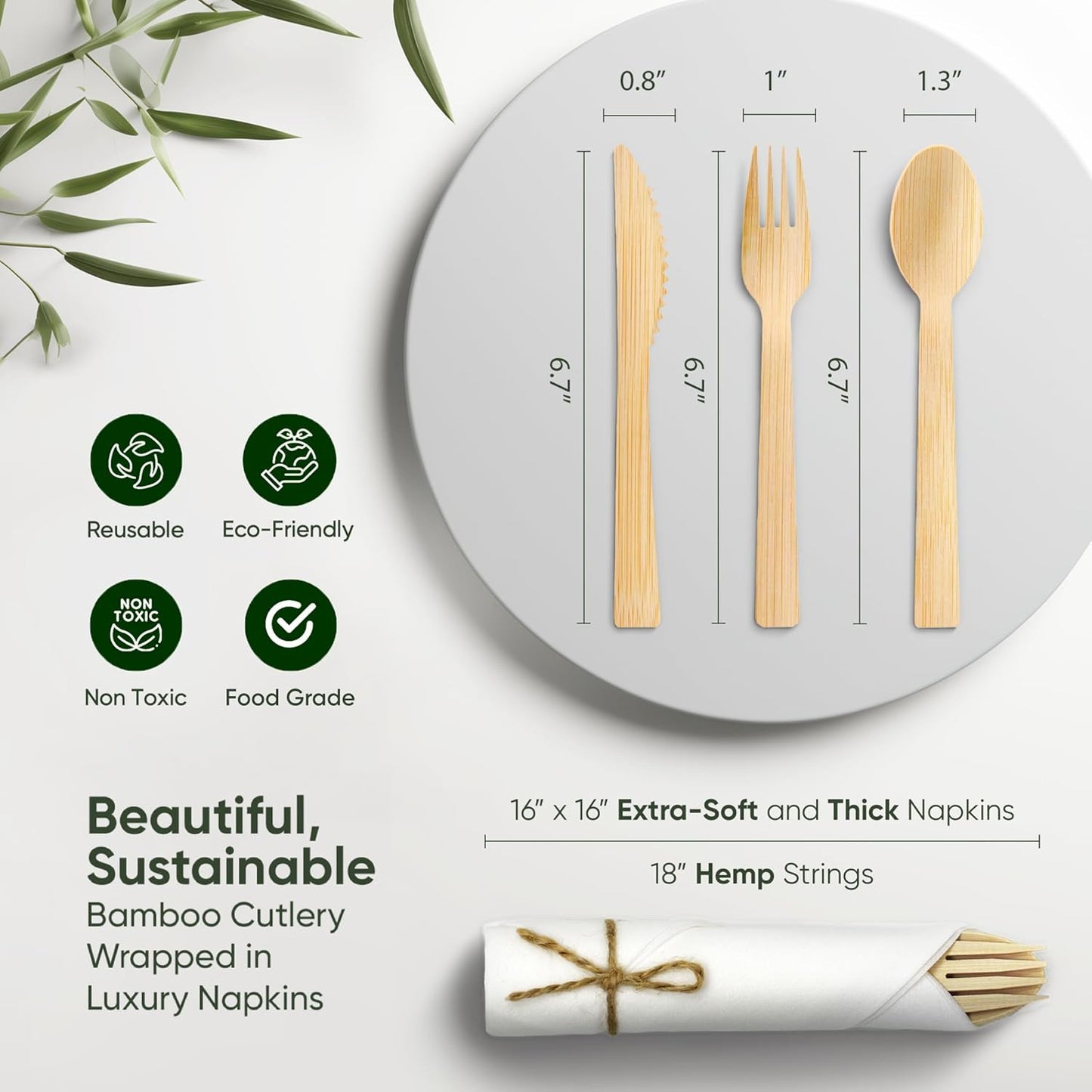 Premium Pre-Rolled Napkin and Bamboo Cutlery Set (50 Pack, 200 PCS) 100% Biodegradable, Eco-Friendly, Disposable Wrapped Cutlery - Includes Pre-Wrapped Bamboo Forks, Knives, Spoons, & Napkins