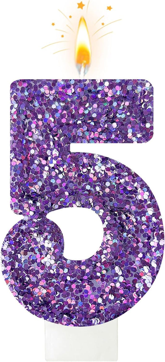 Birthday Number Candles, Glitter Number Candle Cake Decorations with Sequins, Cupcake Decorations for Girls, Women, Party Anniversary Celebrations (Number 5, Purple)