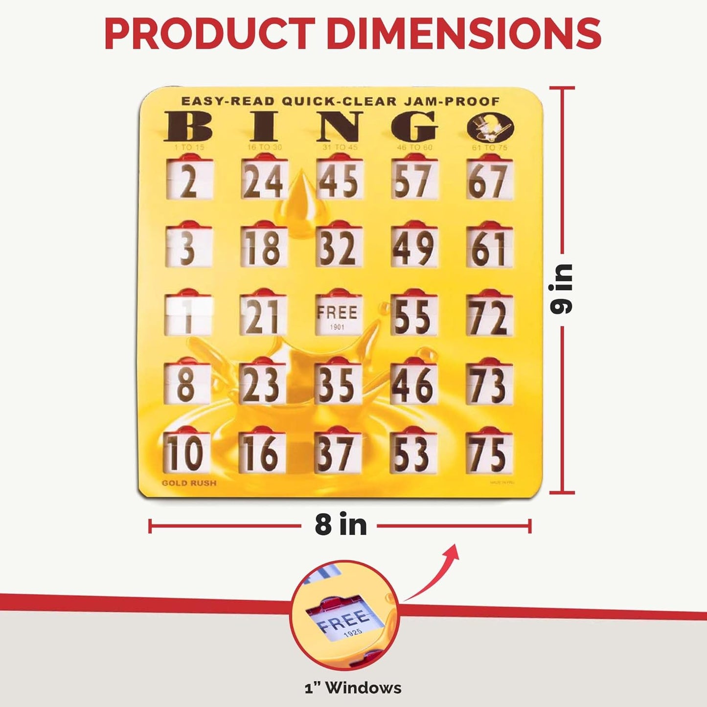 MR CHIPS Jam-Proof Easy-Read Quick-Clear Large Print Fingertip Slide Bingo Cards with Sliding Windows 200 Pack in Gold Rush Style