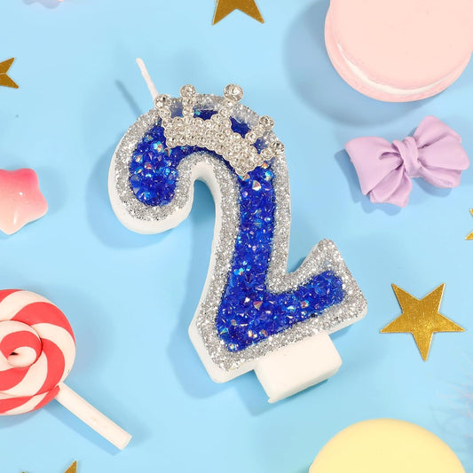 Blue Birthday Candle Crown Number 2 Candle with Sequins Cake Candles Cupcake Decorations Party Decor for Anniversary Celebrations Supplies