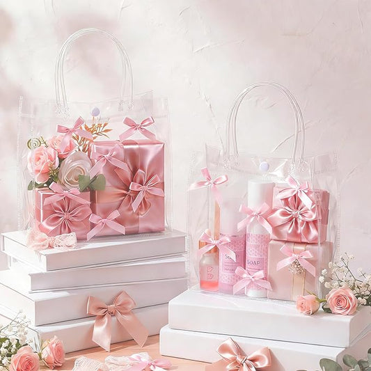 Tioncy 24 Pcs Pink Bow Clear Gift Bags with Handles Bow PVC Goodie Treat Candy Bag Bows Theme Present Wrap Tote Bags for Birthday Party Favor Weddings Decoration Bridesmaid Supply