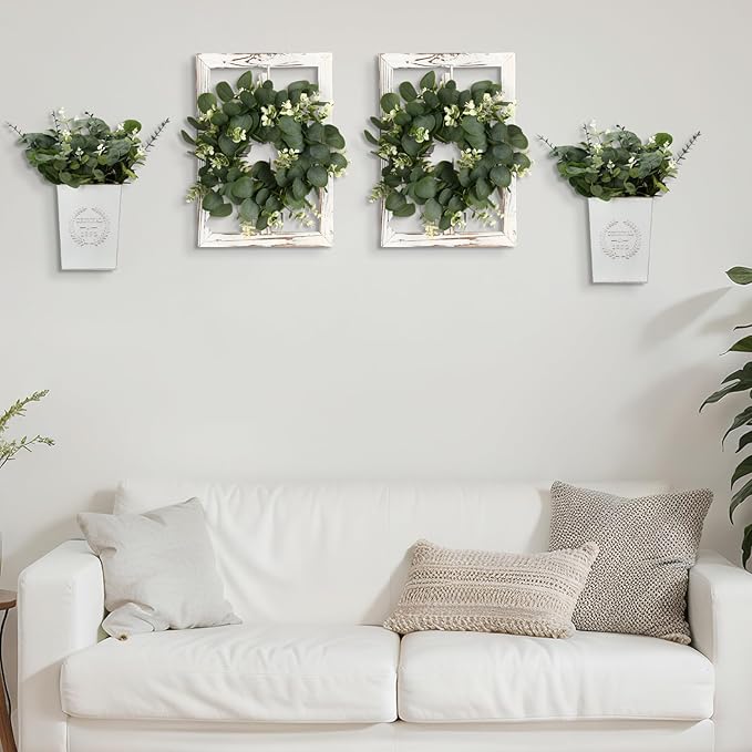 4 Sets 67 Pcs Farmhouse Wall Decor Set Rustic Window Frame Wall Decor with Eucalyptus Wreath and Metal Walls Planters Vintage Farmhouse Walls Art for Living Room Entryway(Square)