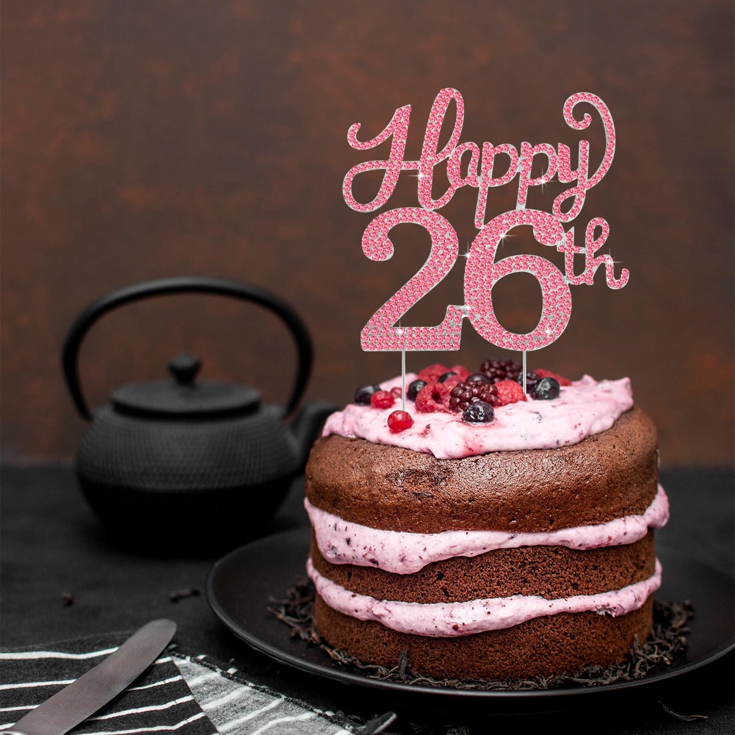 Happy 26th Birthday Decorations,26th Birthday Silver & Red Rhinestone Cake Topper - Cheers to 26 Years Old Bday Party Metal Sparkly Cake Centerpieces Sign.