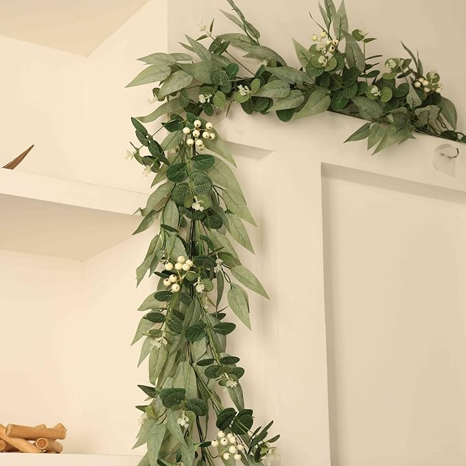 6Ft Artificial Eucalyptus Garland with Little White Berries, Real Touch Faux Eucalyptus Decor Vine for Table, Bedroom, Mantelpiece, Outdoor, Wedding Decorations (Foggy Green)