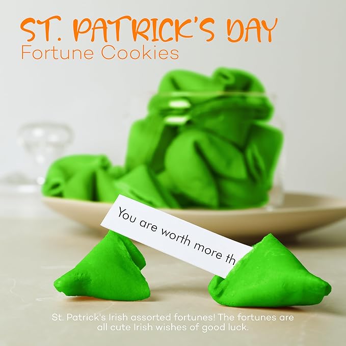 4E's Novelty St Patricks Day Fortune Cookies (50 Pack) Bulk Individually Wrapped Green Fortune Cookies With 50 Unique St Patricks Day Themed Fotune, Party Favors & Candy Bowl Filler