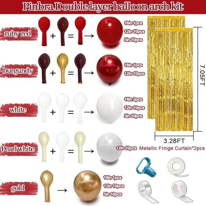 Red White Gold Balloon Arch Double Stuffed Burgundy Red Gold Pearl White Balloon Garland Kit Wine Latex Balloons for Moster's Day Birthday Wedding Engagement Graudation Party Decorations