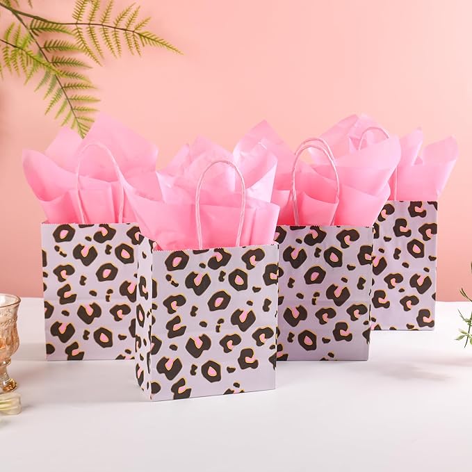 DjinnGlory 24 Pack Mini Small Gray Leopard Cheetah Print Party Favor Bags with Handles and Pink Tissue Paper for Party Favors Goodies, Small Business Gifts, Merchandises, 6.5x5.5x3 Inch