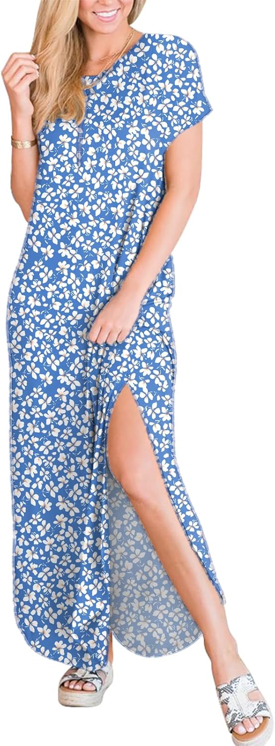 ANRABESS Womens Summer Maxi Dress Short Sleeve Casual Loose Long T Shirt Dresses Split Vacation Beach Sundress Travel Outfits