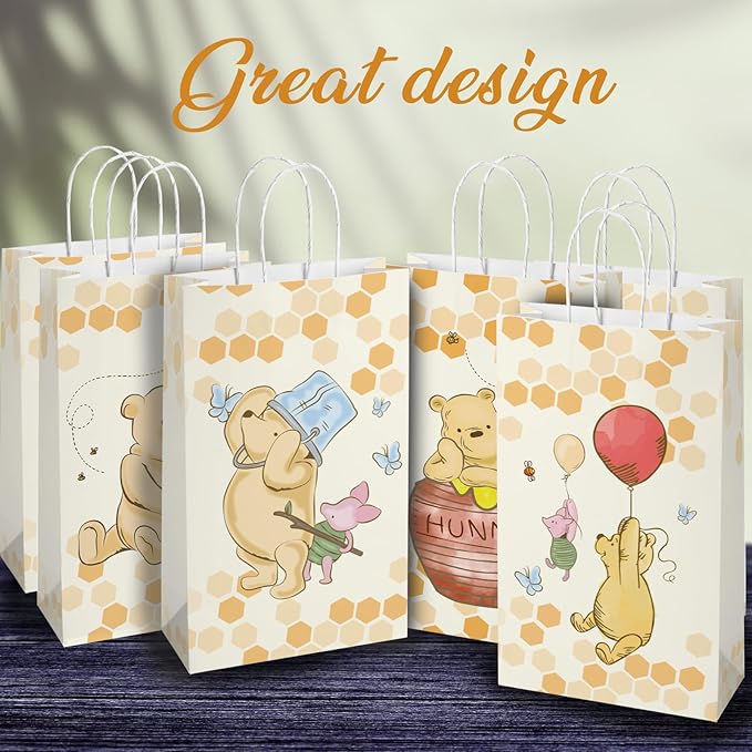 wjrsxilt Pooh Bear Gift Bags with Handles - 16pcs Winnie Goodie Bag with Rope for Bear Themed Parties, Kid's Birthday, Halloween Candy Gift Treat Bags for Party Favor 8.6 * 5 * 3.7inch