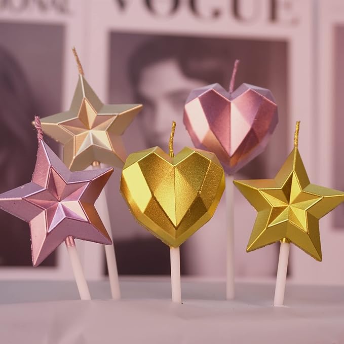Saododku Birthday Candles, Star Shaped Champagne Gold Birthday Candles for Cake, 5pcs Metallic Color Stereo Shaping Cake Candles Set, Sparkler Candles for Birthday Cake
