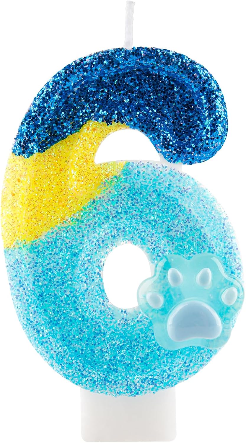 Honglus Glitter Blue Dog Paw 6 Candle for Birthday Blue Number 6 Candle Dog Paw 6 Glitter Cake Topper for 6th Birthday Party Supplies Anniversary Decorations