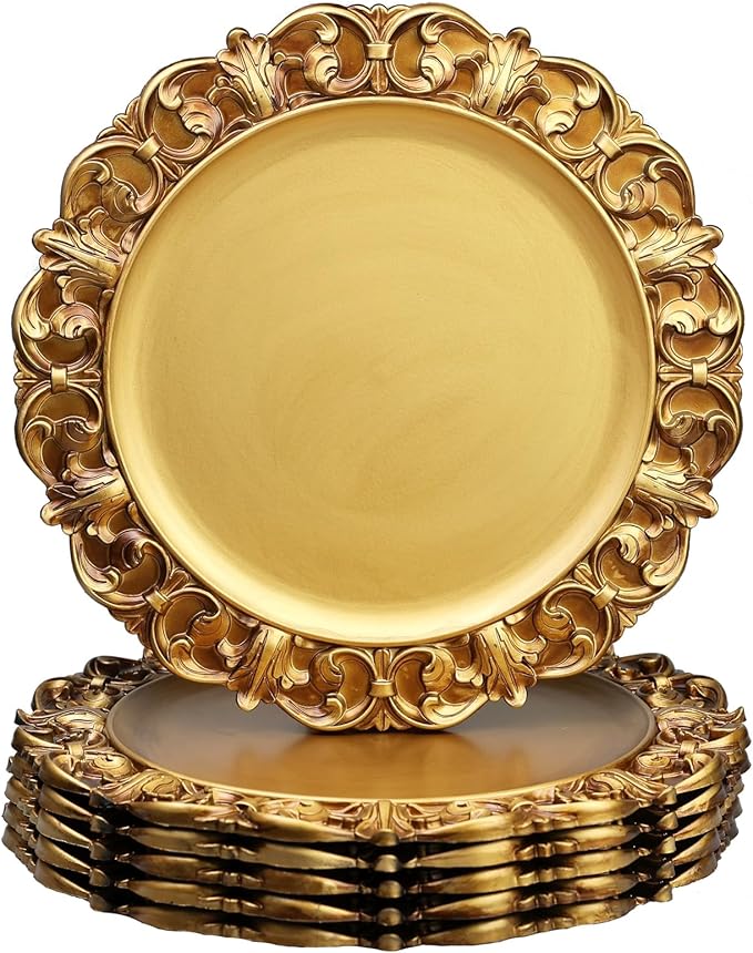 13" Antique Gold Charger Plates, Set of 6 Plastic Textured Chargers for Dinner Plates with Embossed Rim, Table Décor, Party, Wedding, Holiday