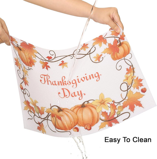 Thanksgiving Placemats Set of 4 Fall Place Mats Pumpkin Maple Leaves Table Mats Washable Non-Slip Heatproof Woven Placemats for Dining Table (17.7" X 11.8")