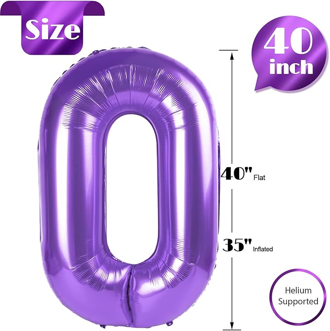 Purple Number 0 Balloon 40 Inch, 0 Balloon Number for 10th 20th 30th 40th 50th 60th Birthday Decorations, Purple Party Supplies