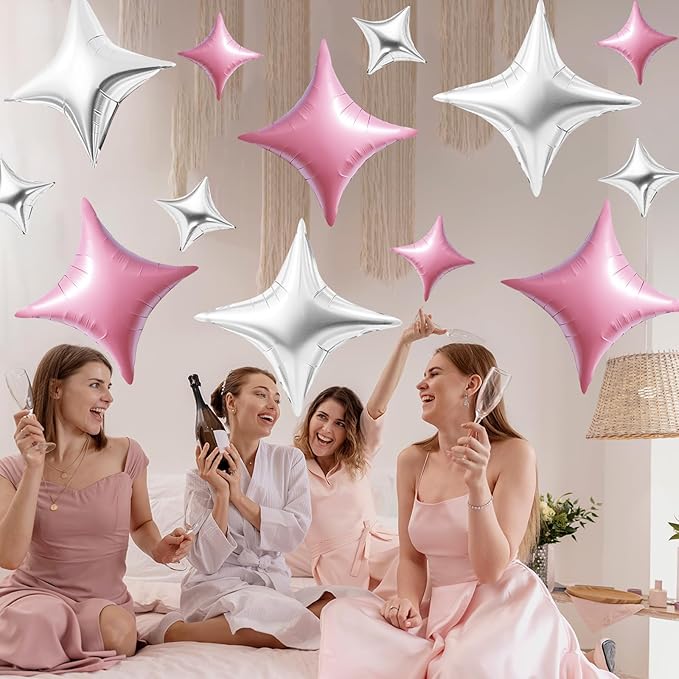 TONIFUL 30Pcs 26In&10In Star Balloons Pink and Silver Four Pointed Star Shape Foil Balloons Mini Star Mylar Balloons for Birthday Wedding Baby Shower Anniversary Engagement Party Decor Supplies