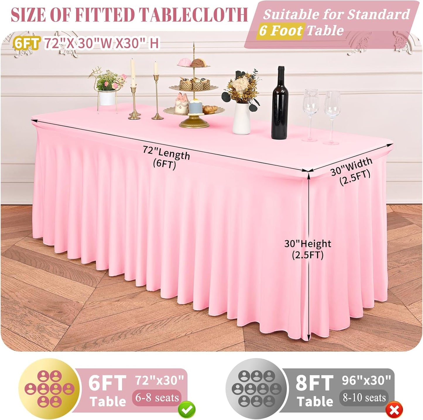 2 Packs Pink Stretch Table Skirts for 6 Foot Rectangle Table, Washable Spandex Stretch Tablecloths with Skirt, Wrinkle Resistant Fitted Tablecover for Wedding Party Banquet