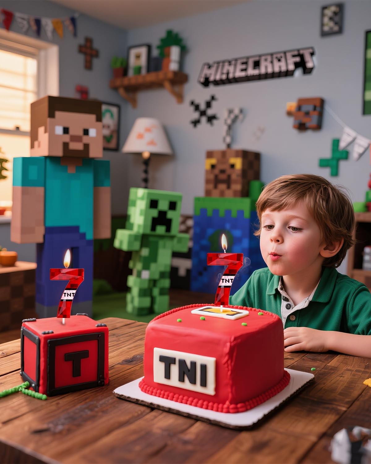 Pixel Birthday Candle, 2.68 Inch Miner Number Candles, Game Themed Candle Birthday Decoration for Pixel Theme Birthday Anniversary Dynamite Video Game Party (Red, 7)