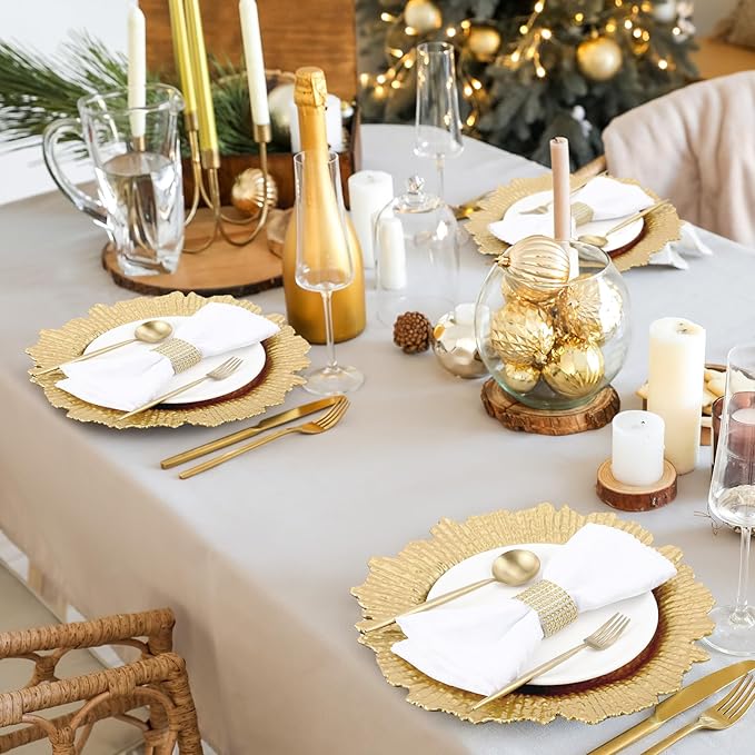 Rtteri 50 Pcs 13 Inch Charger Plates Bulk, Plastic Charger Plates with Floral Reef Design, Round Ruffled Rim Decorative Dinner Tableware for Wedding, Party, Event Table Decor(Light Gold)