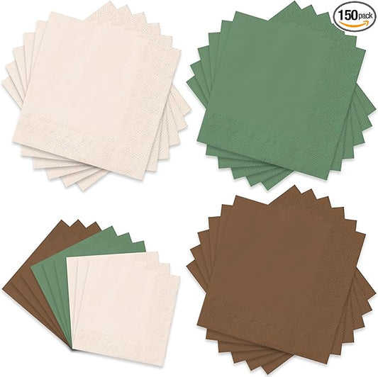 Whaline 150 Pcs Woodland Paper Napkin 3 Colors Dinner Napkin Beige Brown Green Disposable Luncheon Napkin for Woodland Baby Shower Party Supplies Table Decor