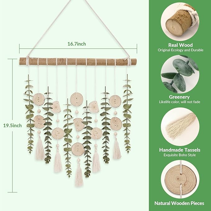 Boho Wall Decor Artificial Eucalyptus Bathroom Decor Fake Eucalyptus Plants Greenery Leaves with Wooden Bead Garland on Stick Rustic Farmhouse Home Decorations for Bedroom Living room Nursery Kitchen
