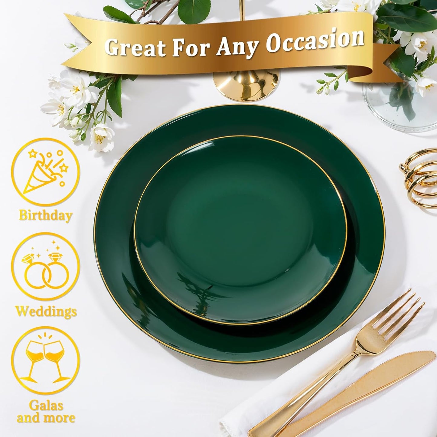 Nervure 100Pcs Green and Gold Plastic Plates - 7.5inch Disposable Green Dessert/Salad Plates - Heavy Duty Plastic Plate Ideal for Wedding & Party & Christmas