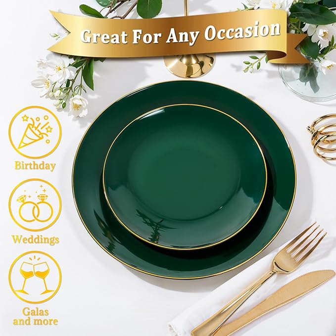 Nervure 100Pcs Green and Gold Plastic Plates - 10.25inch Disposable Green Dinner Plates - Heavy Duty Plastic Plate Ideal for Wedding & Party (Pack of 2)
